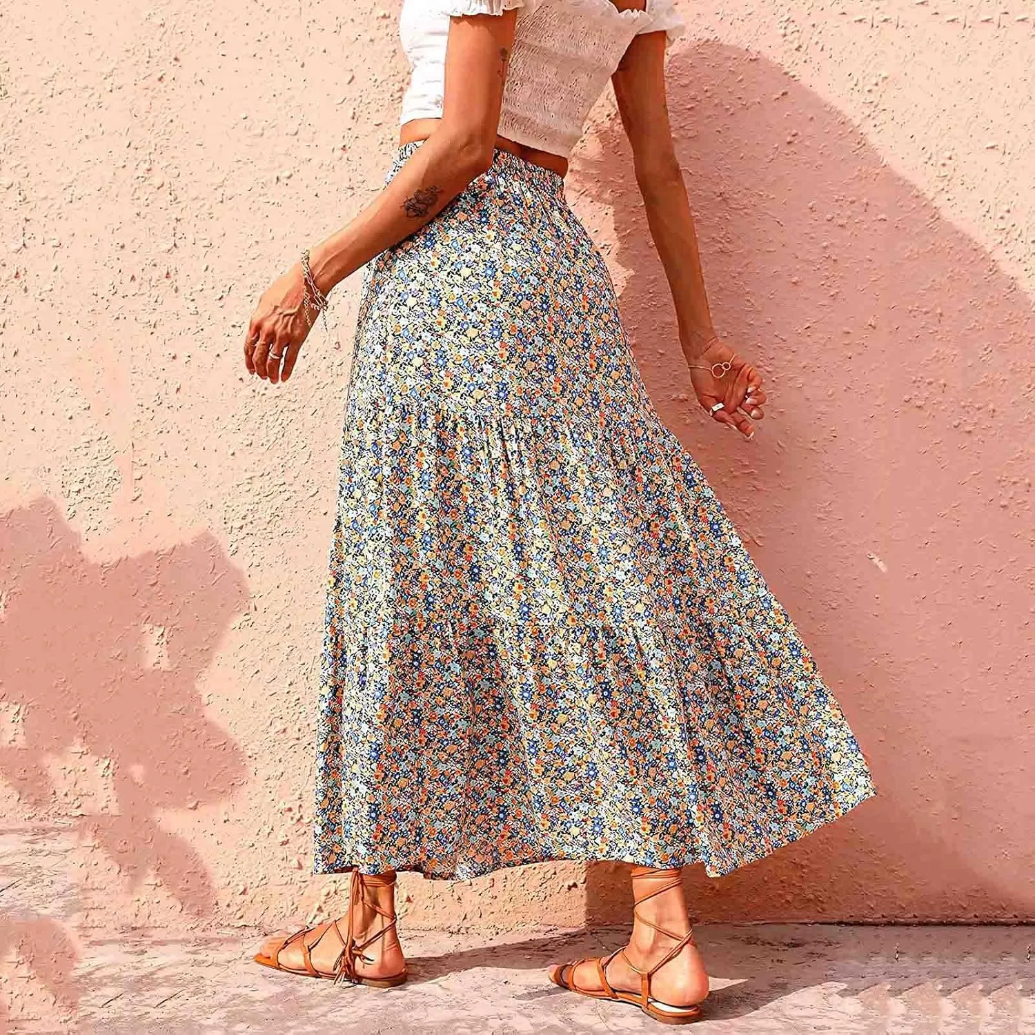 Womens Floral Maxi Skirt Flowy Boho Skirts Summer Floral Printed Skirts A Line Ruffle Skirts High Waist Pleated Skirt