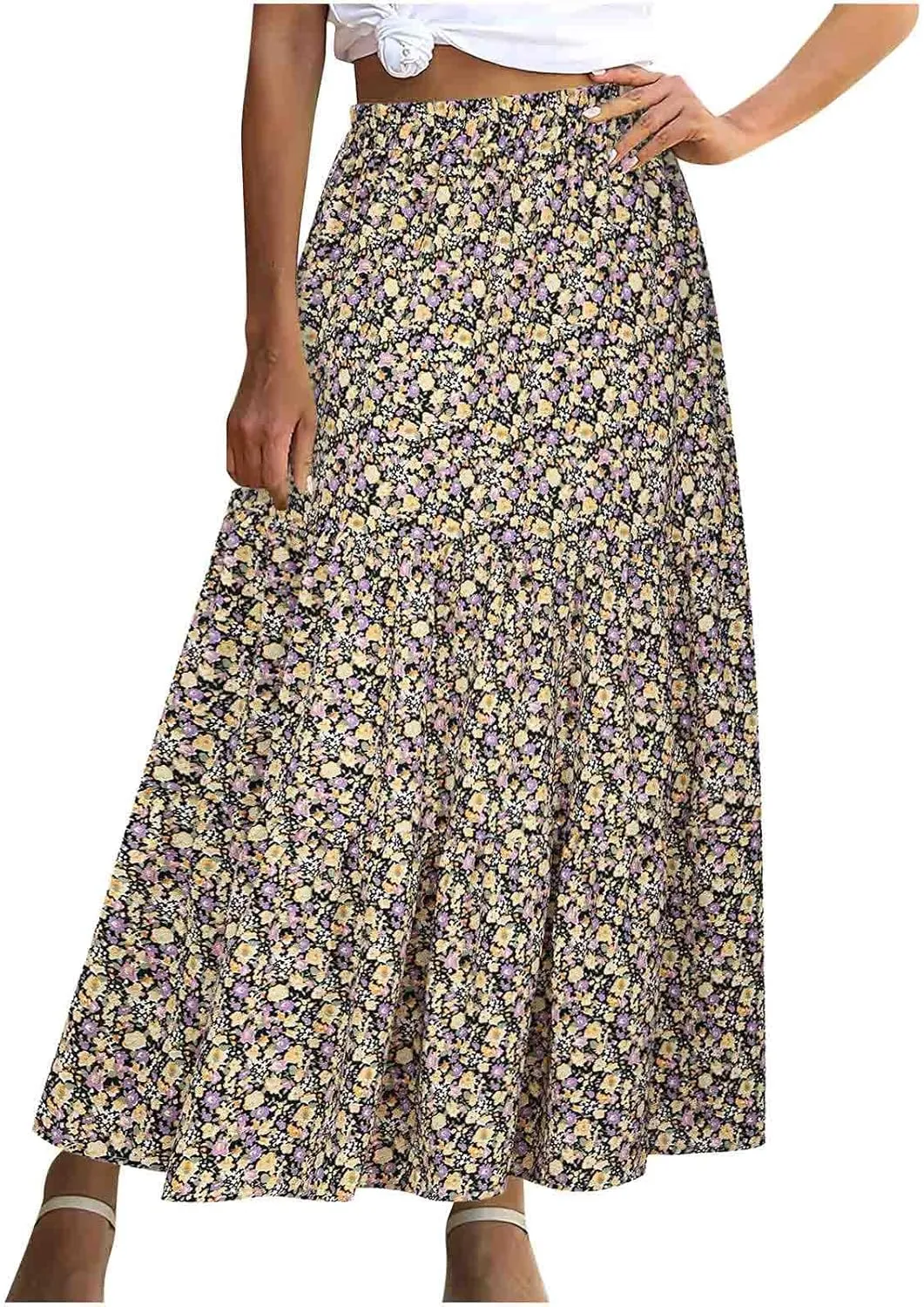 Womens Floral Maxi Skirt Flowy Boho Skirts Summer Floral Printed Skirts A Line Ruffle Skirts High Waist Pleated Skirt