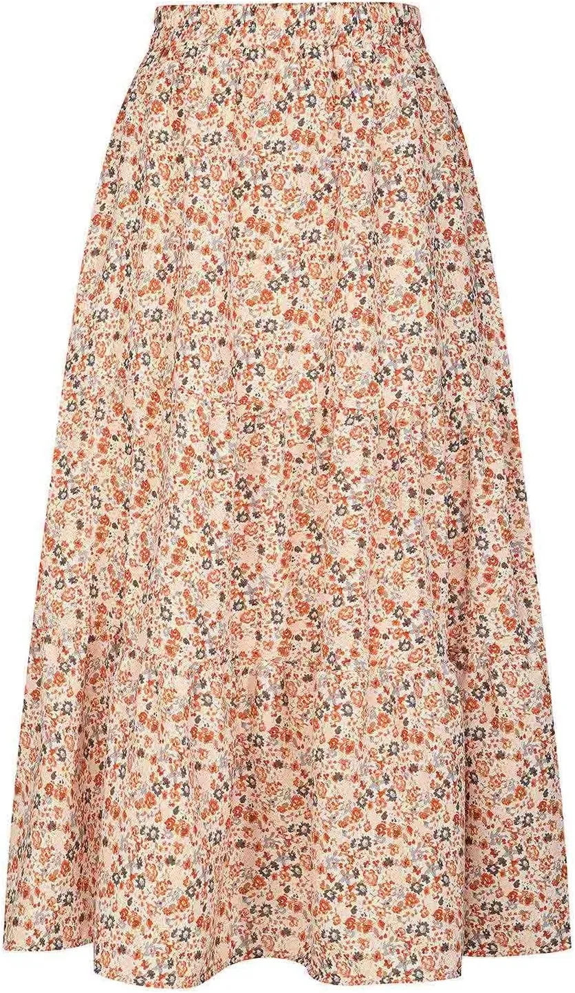 Womens Floral Maxi Skirt Flowy Boho Skirts Summer Floral Printed Skirts A Line Ruffle Skirts High Waist Pleated Skirt