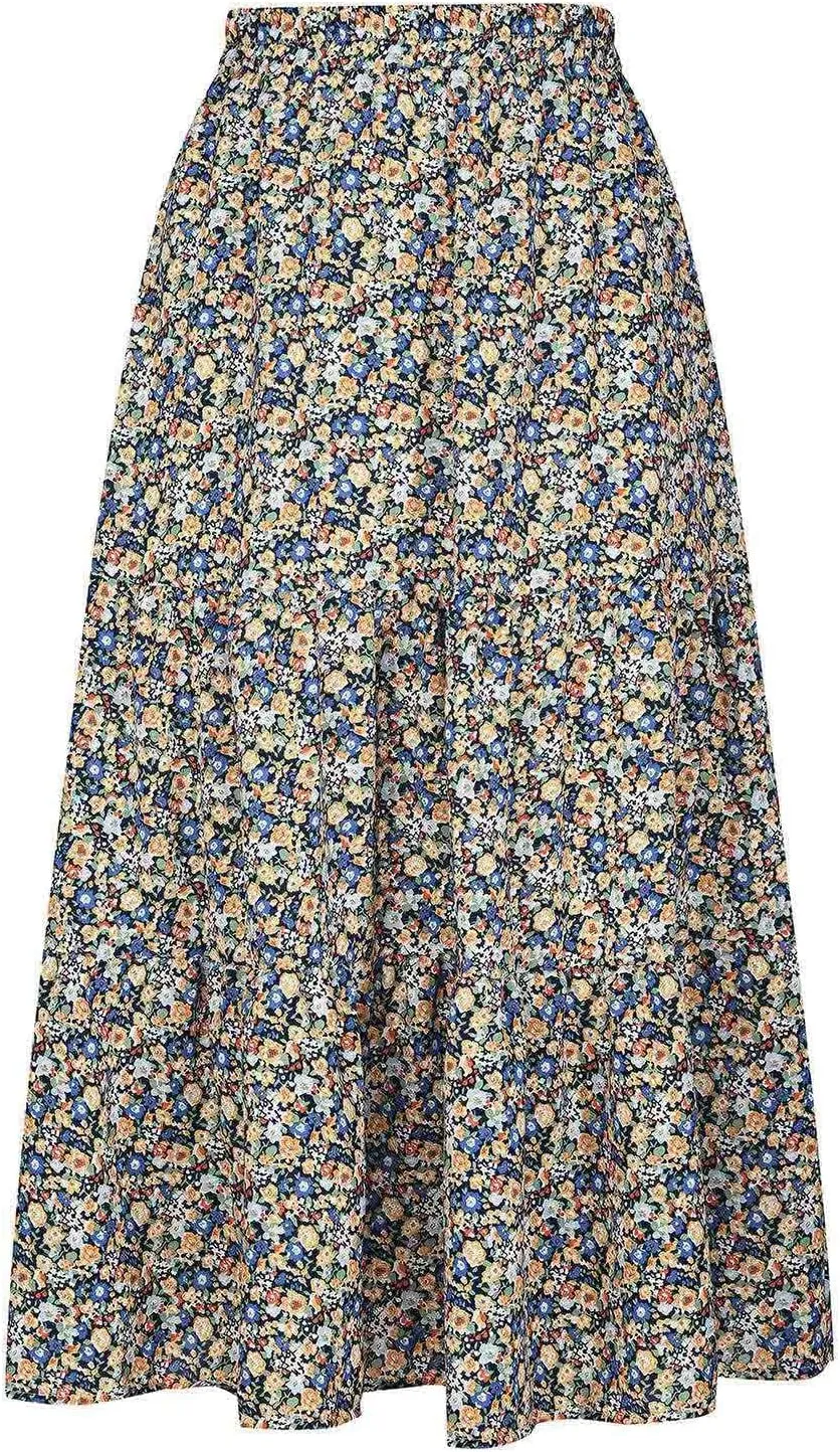 Womens Floral Maxi Skirt Flowy Boho Skirts Summer Floral Printed Skirts A Line Ruffle Skirts High Waist Pleated Skirt