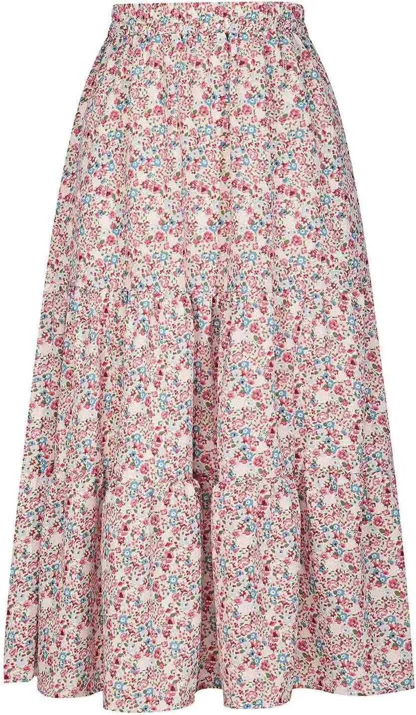 Womens Floral Maxi Skirt Flowy Boho Skirts Summer Floral Printed Skirts A Line Ruffle Skirts High Waist Pleated Skirt