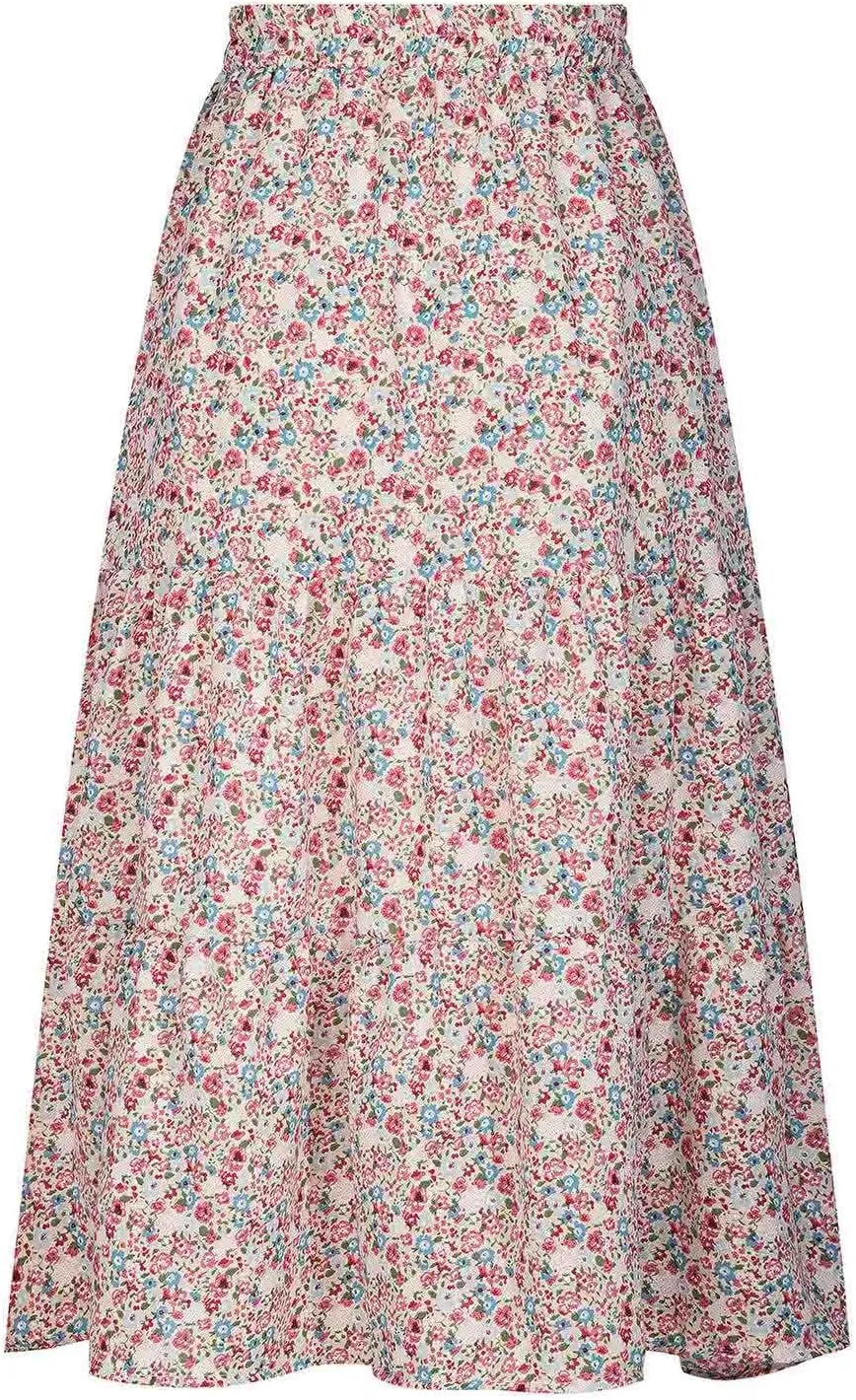 Womens Floral Maxi Skirt Flowy Boho Skirts Summer Floral Printed Skirts A Line Ruffle Skirts High Waist Pleated Skirt