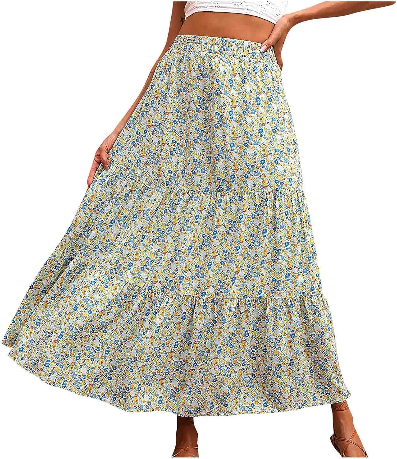 Womens Floral Maxi Skirt Flowy Boho Skirts Summer Floral Printed Skirts A Line Ruffle Skirts High Waist Pleated Skirt