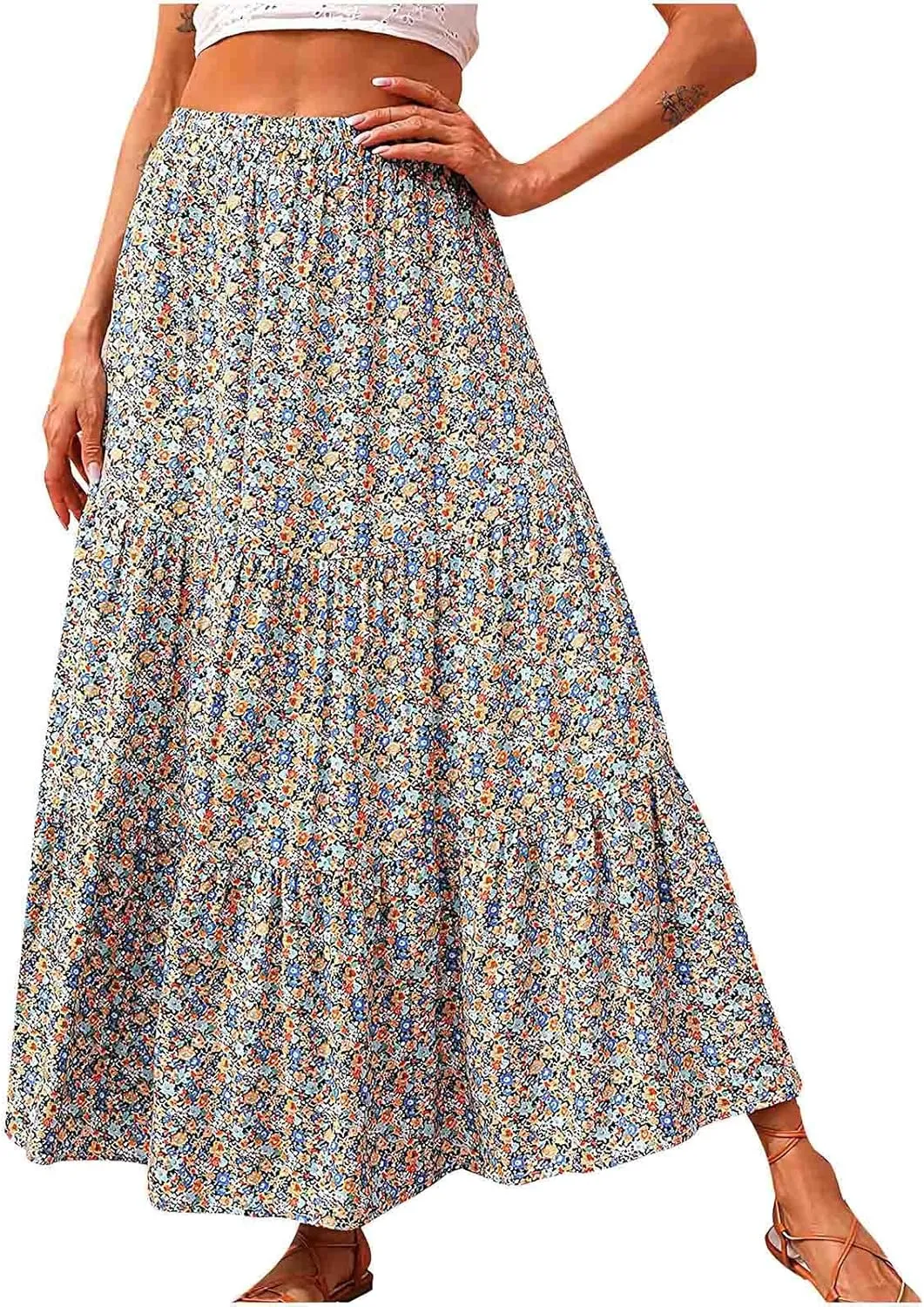 Womens Floral Maxi Skirt Flowy Boho Skirts Summer Floral Printed Skirts A Line Ruffle Skirts High Waist Pleated Skirt