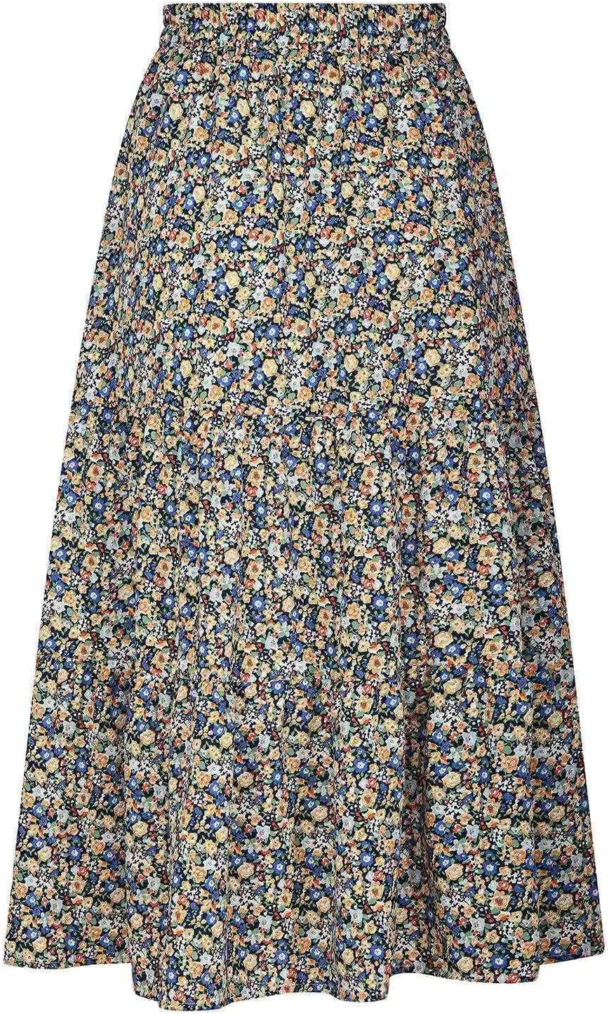 Womens Floral Maxi Skirt Flowy Boho Skirts Summer Floral Printed Skirts A Line Ruffle Skirts High Waist Pleated Skirt
