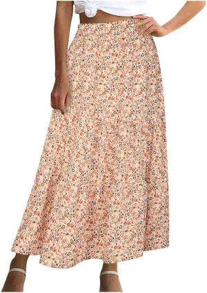 Womens Floral Maxi Skirt Flowy Boho Skirts Summer Floral Printed Skirts A Line Ruffle Skirts High Waist Pleated Skirt
