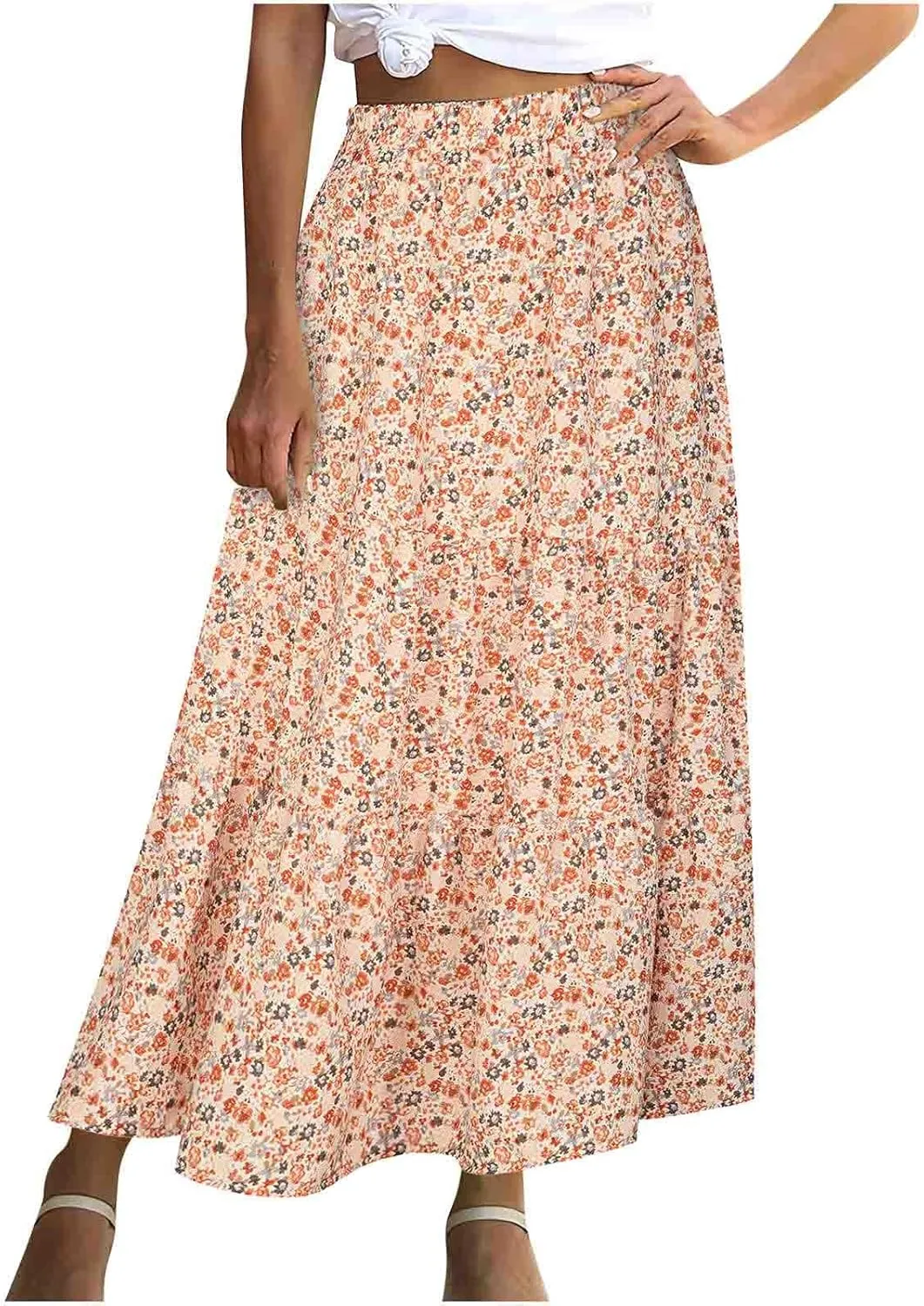 Womens Floral Maxi Skirt Flowy Boho Skirts Summer Floral Printed Skirts A Line Ruffle Skirts High Waist Pleated Skirt