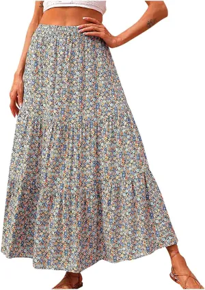 Womens Floral Maxi Skirt Flowy Boho Skirts Summer Floral Printed Skirts A Line Ruffle Skirts High Waist Pleated Skirt