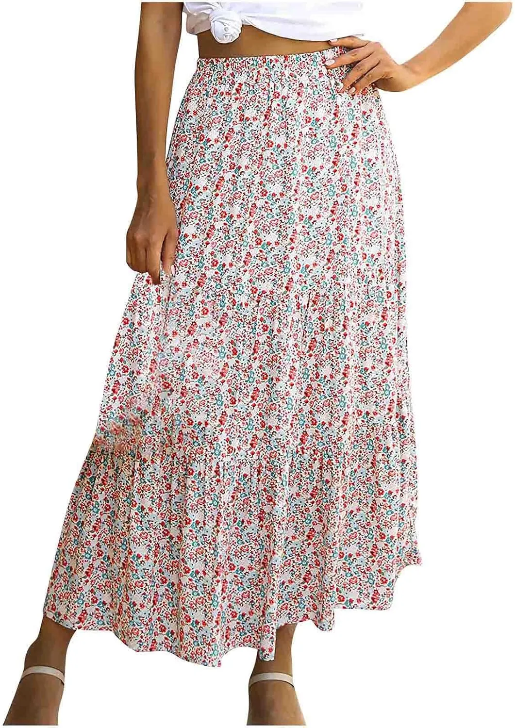 Womens Floral Maxi Skirt Flowy Boho Skirts Summer Floral Printed Skirts A Line Ruffle Skirts High Waist Pleated Skirt