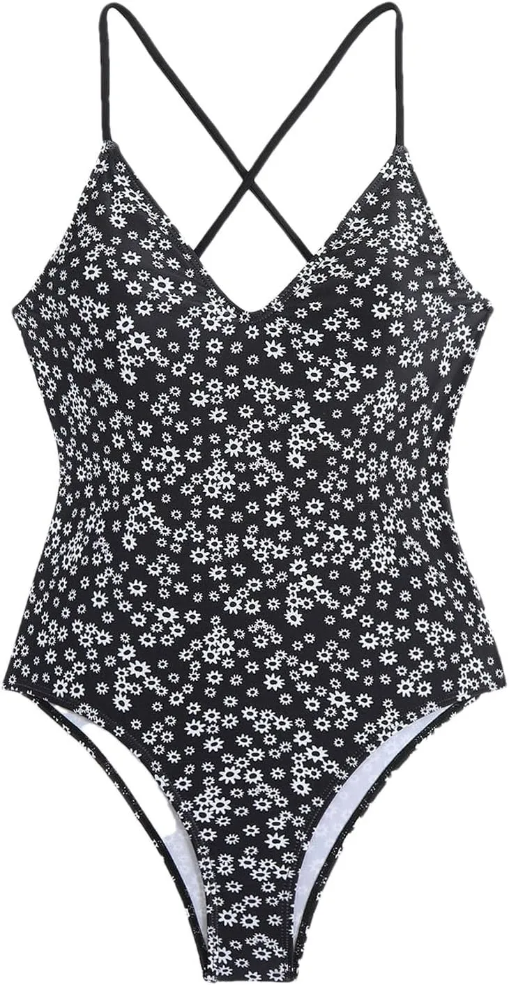 Women's Floral Printed One Piece Swimsuits Cross Backless Sexy Deep V Neck Tummy Control Bathing Suits Swimwear