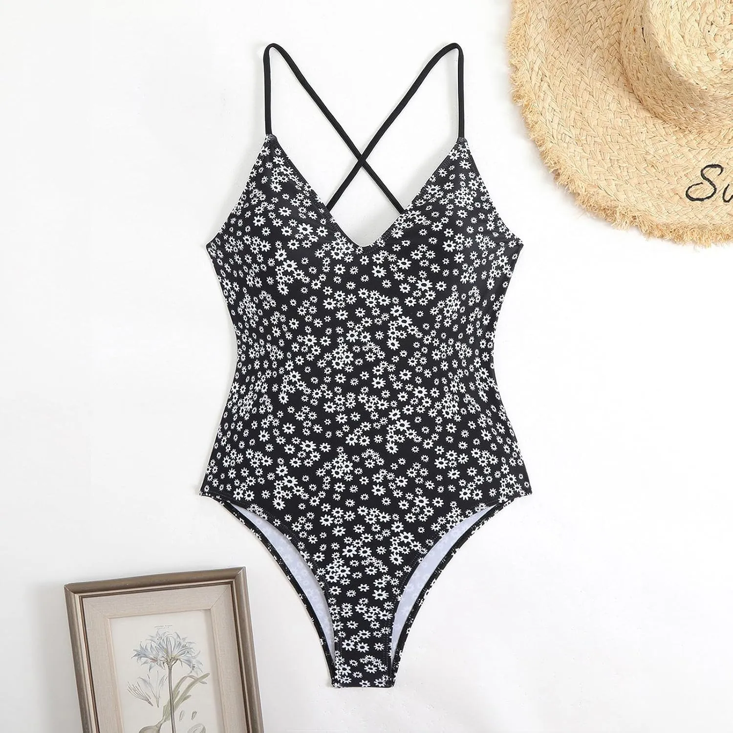 Women's Floral Printed One Piece Swimsuits Cross Backless Sexy Deep V Neck Tummy Control Bathing Suits Swimwear