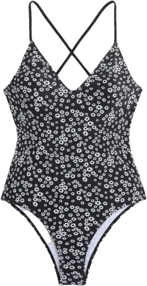 Women's Floral Printed One Piece Swimsuits Cross Backless Sexy Deep V Neck Tummy Control Bathing Suits Swimwear