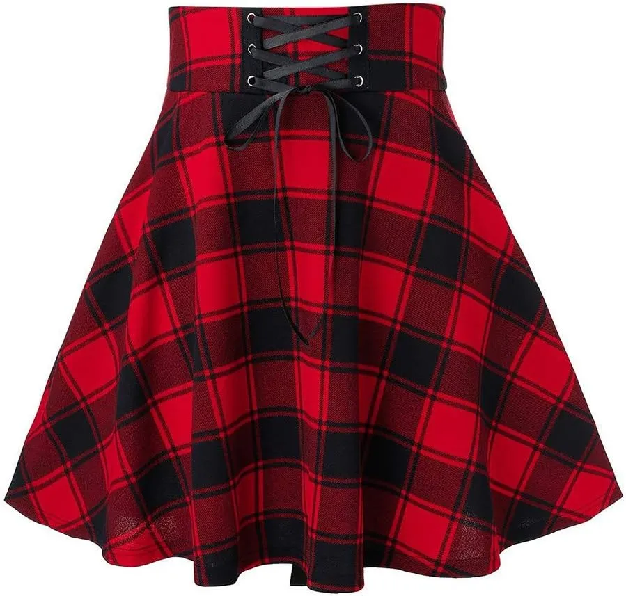 Women's Gothic Steampunk Plaid Pleated Mini Skirt High Waisted A-Line Flare Vintage Lace Up Casual Short Midi Skirt