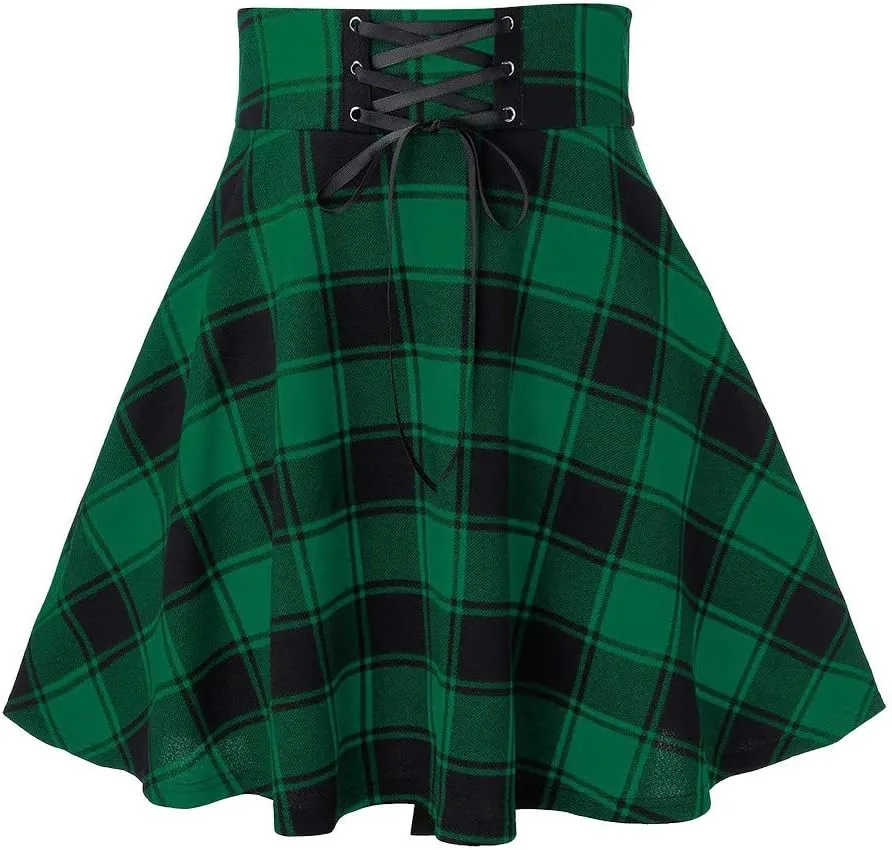 Women's Gothic Steampunk Plaid Pleated Mini Skirt High Waisted A-Line Flare Vintage Lace Up Casual Short Midi Skirt