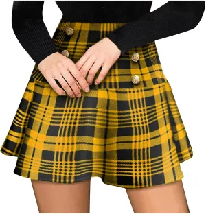 Women's Gothic Steampunk Plaid Pleated Mini Skirt High Waisted A-Line Flare Vintage Lace Up Casual Short Midi Skirt
