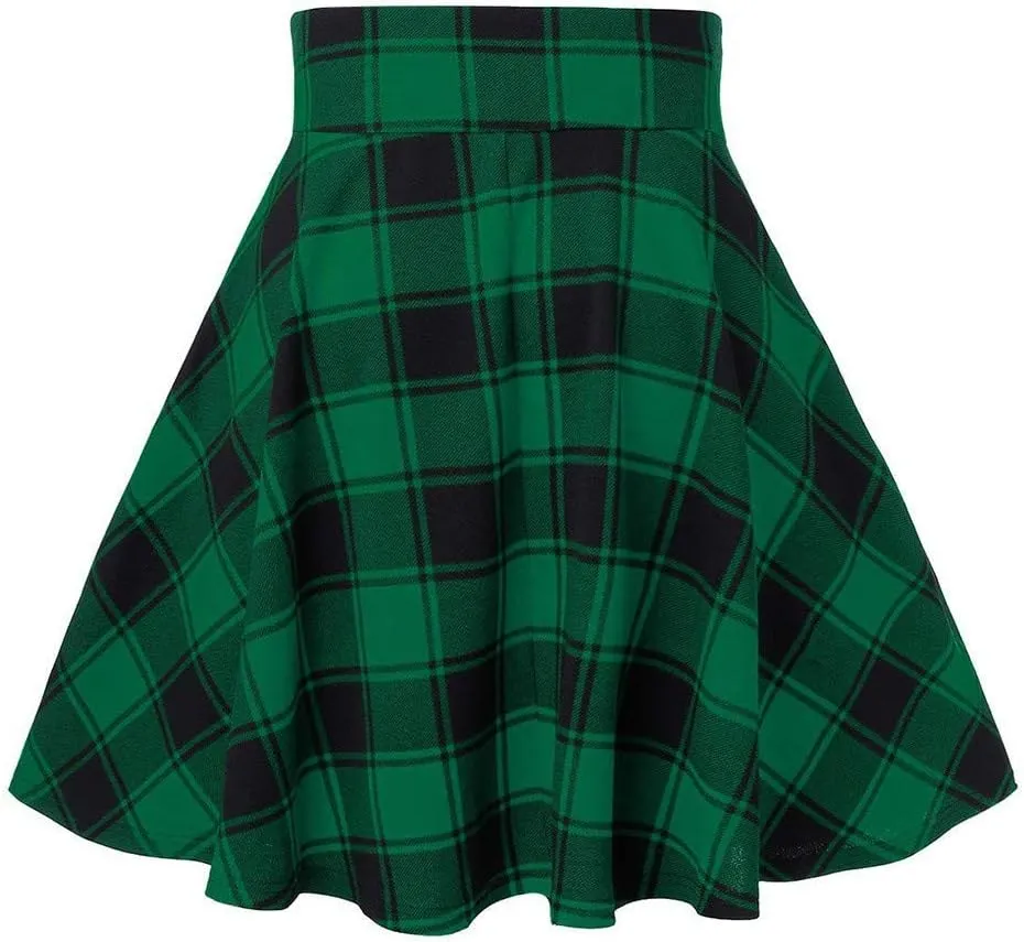 Women's Gothic Steampunk Plaid Pleated Mini Skirt High Waisted A-Line Flare Vintage Lace Up Casual Short Midi Skirt