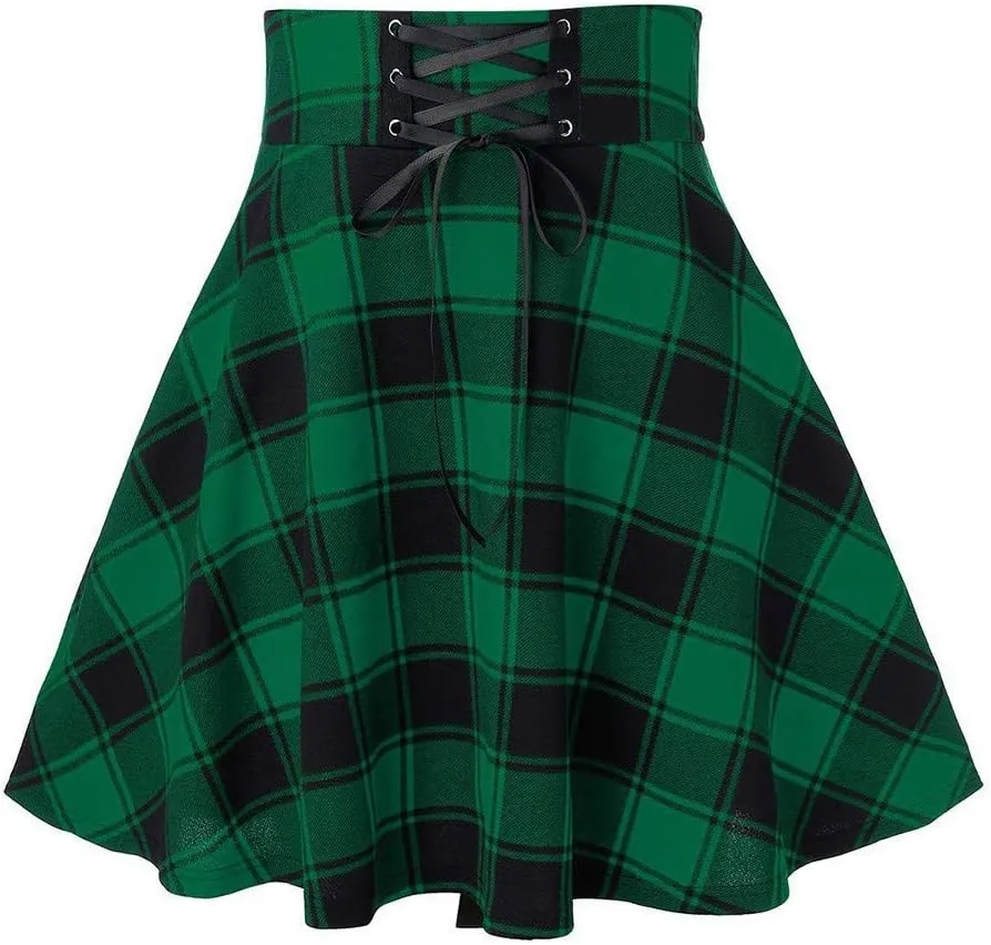 Women's Gothic Steampunk Plaid Pleated Mini Skirt High Waisted A-Line Flare Vintage Lace Up Casual Short Midi Skirt