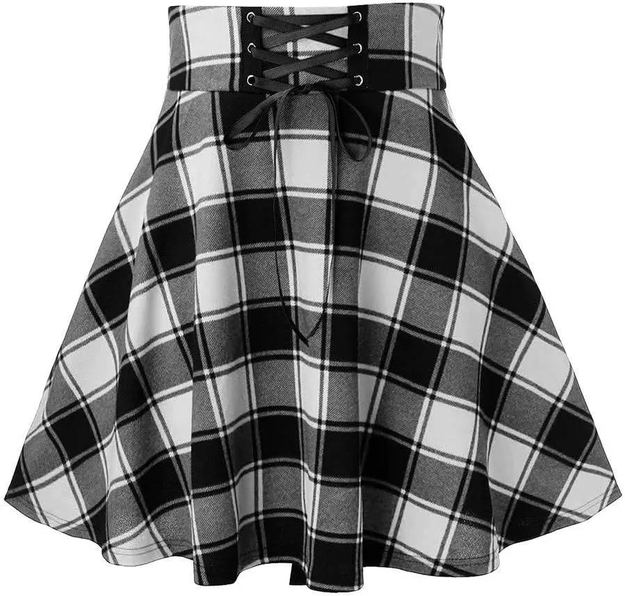 Women's Gothic Steampunk Plaid Pleated Mini Skirt High Waisted A-Line Flare Vintage Lace Up Casual Short Midi Skirt