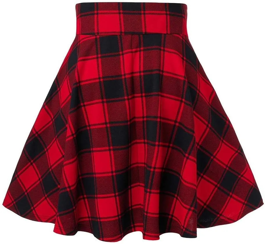 Women's Gothic Steampunk Plaid Pleated Mini Skirt High Waisted A-Line Flare Vintage Lace Up Casual Short Midi Skirt