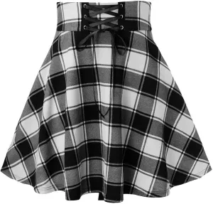 Women's Gothic Steampunk Plaid Pleated Mini Skirt High Waisted A-Line Flare Vintage Lace Up Casual Short Midi Skirt