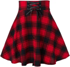 Women's Gothic Steampunk Plaid Pleated Mini Skirt High Waisted A-Line Flare Vintage Lace Up Casual Short Midi Skirt