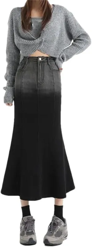 Women's Gradient Denim Skirt High Waist Bodycon Mermaid Skirts