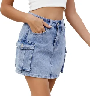 Women's High Waist Cargo Denim Skirt Summer Solid Sexy Slim Fit A-LINE Jeans Short Skirt with Pockets