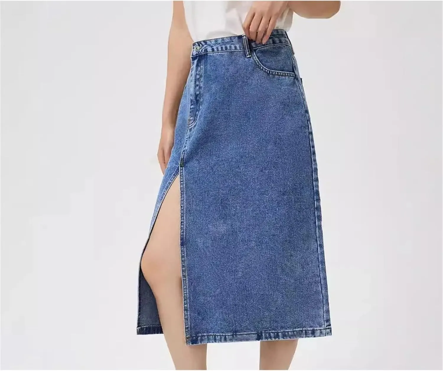 Women's High Waist Hip Wrap Split Denim Skirt Solid Slim Fit A-LINE Midi Jeans Skirt with Pockets