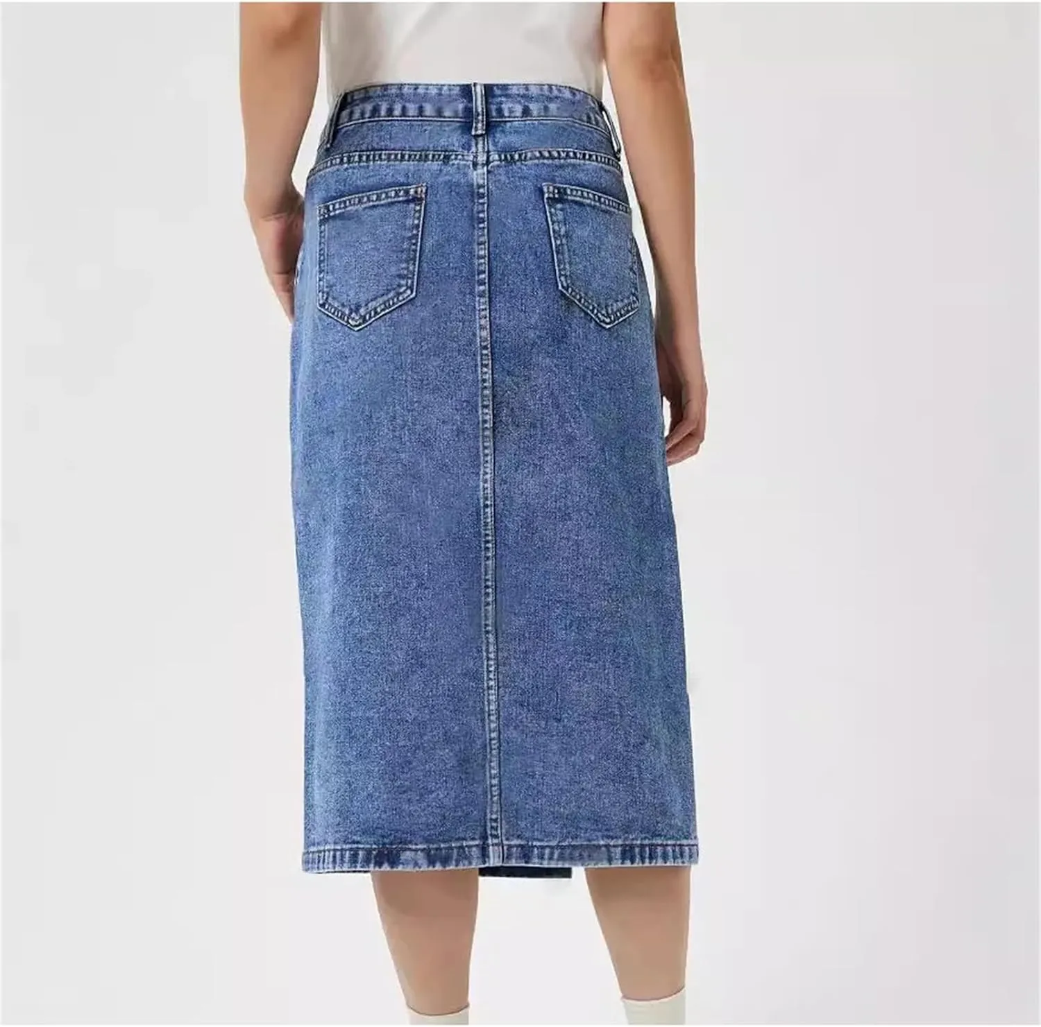 Women's High Waist Hip Wrap Split Denim Skirt Solid Slim Fit A-LINE Midi Jeans Skirt with Pockets