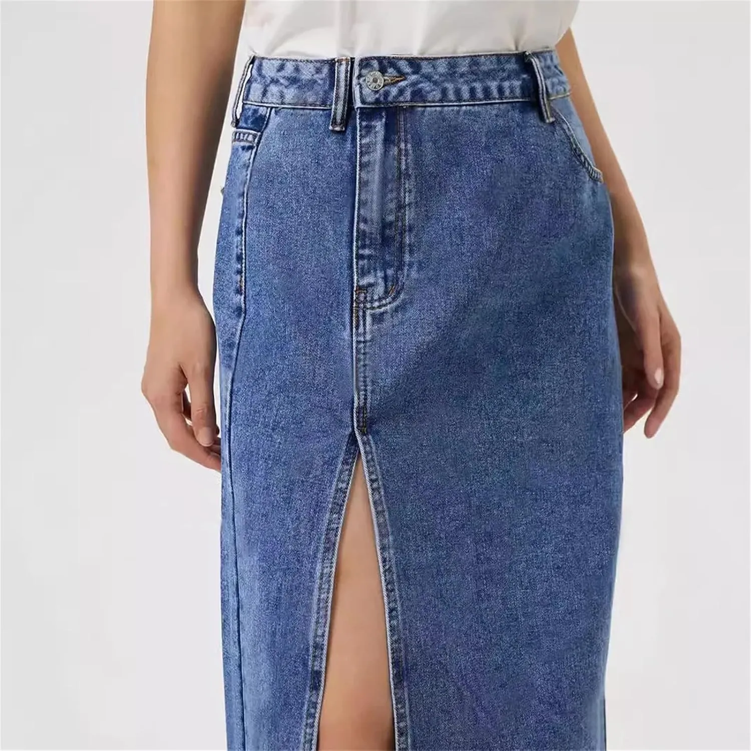 Women's High Waist Hip Wrap Split Denim Skirt Solid Slim Fit A-LINE Midi Jeans Skirt with Pockets