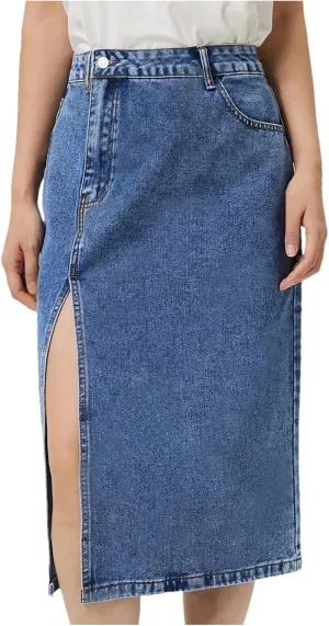 Women's High Waist Hip Wrap Split Denim Skirt Solid Slim Fit A-LINE Midi Jeans Skirt with Pockets