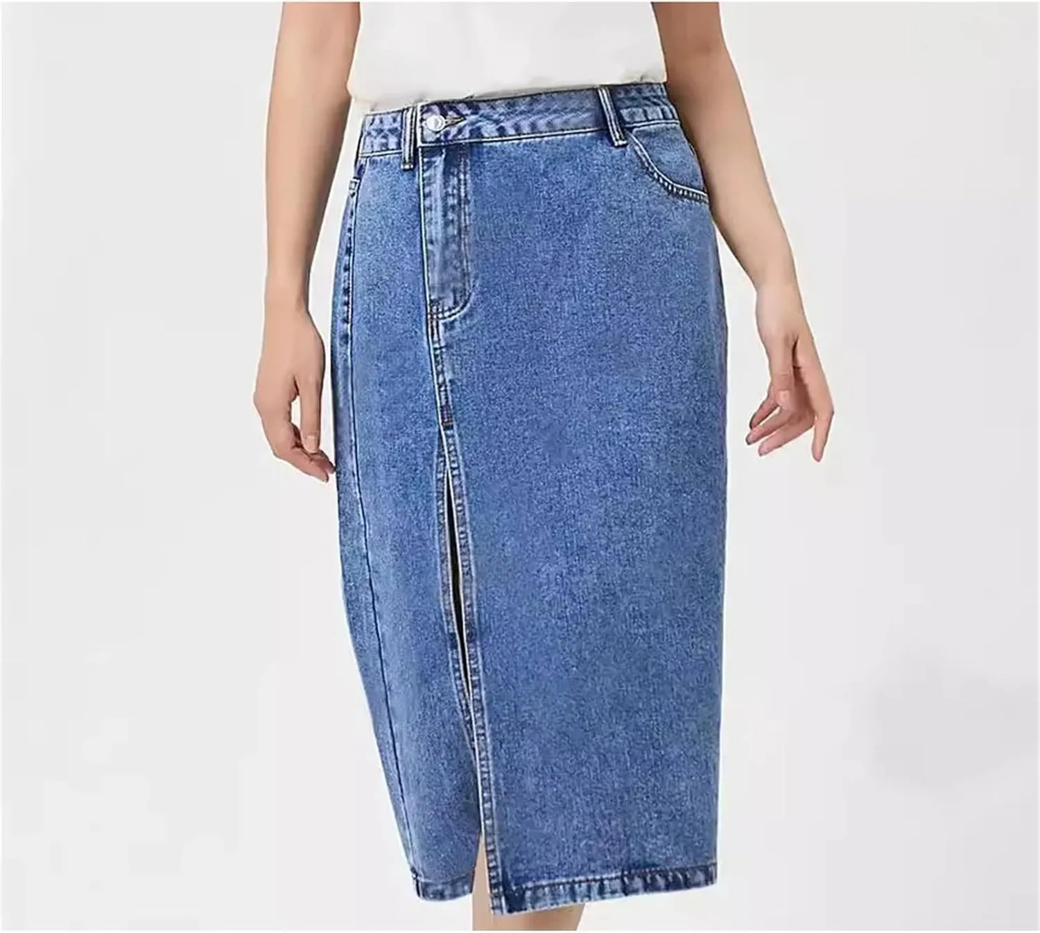 Women's High Waist Hip Wrap Split Denim Skirt Solid Slim Fit A-LINE Midi Jeans Skirt with Pockets