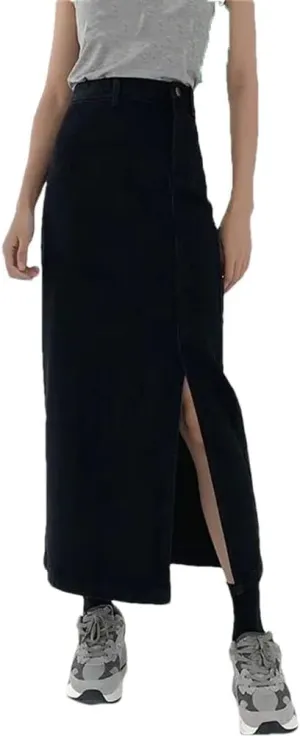 Women's High Waist Long Skirts Casual Harajuku A Line Denim Maxi Skirt