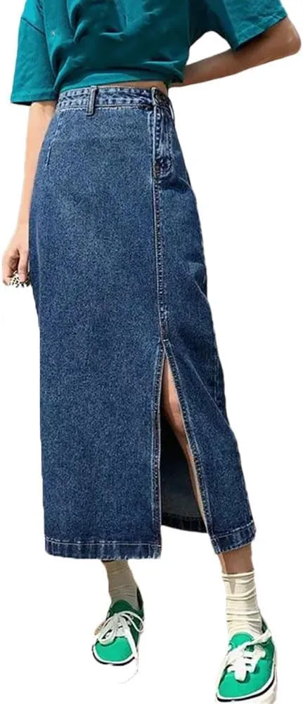 Women's High Waist Long Skirts Casual Harajuku A Line Denim Maxi Skirt
