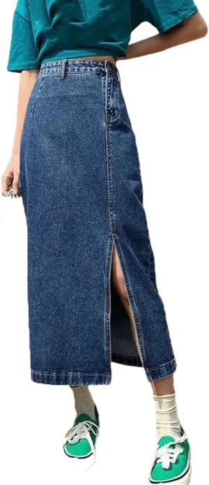 Women's High Waist Long Skirts Casual Harajuku A Line Denim Maxi Skirt