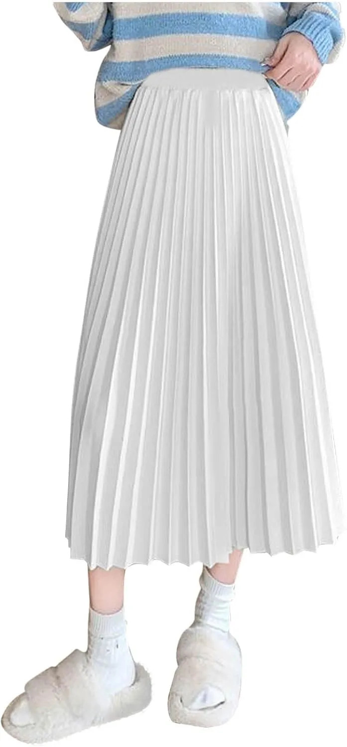 Women's High Waist Pleated Skirt Plus Size Boho A line Skirts Solid Elastic Waist Skirt Summer Casual Flowy Skirts