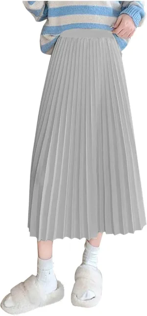 Women's High Waist Pleated Skirt Plus Size Boho A line Skirts Solid Elastic Waist Skirt Summer Casual Flowy Skirts