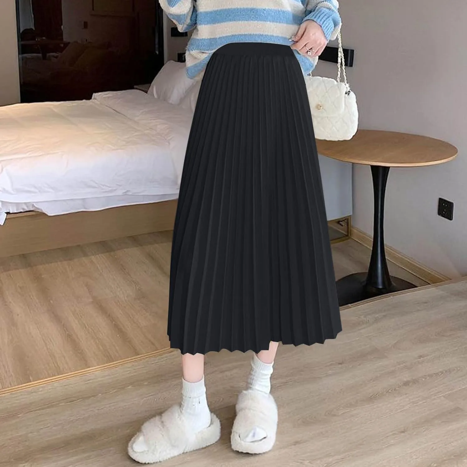 Women's High Waist Pleated Skirt Plus Size Boho A line Skirts Solid Elastic Waist Skirt Summer Casual Flowy Skirts