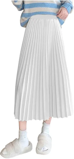 Women's High Waist Pleated Skirt Plus Size Boho A line Skirts Solid Elastic Waist Skirt Summer Casual Flowy Skirts