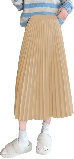 Women's High Waist Pleated Skirt Plus Size Boho A line Skirts Solid Elastic Waist Skirt Summer Casual Flowy Skirts