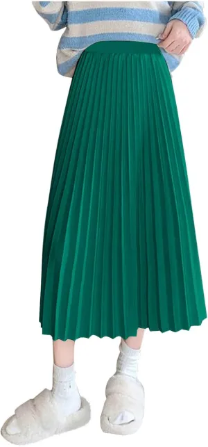 Women's High Waist Pleated Skirt Plus Size Boho A line Skirts Solid Elastic Waist Skirt Summer Casual Flowy Skirts