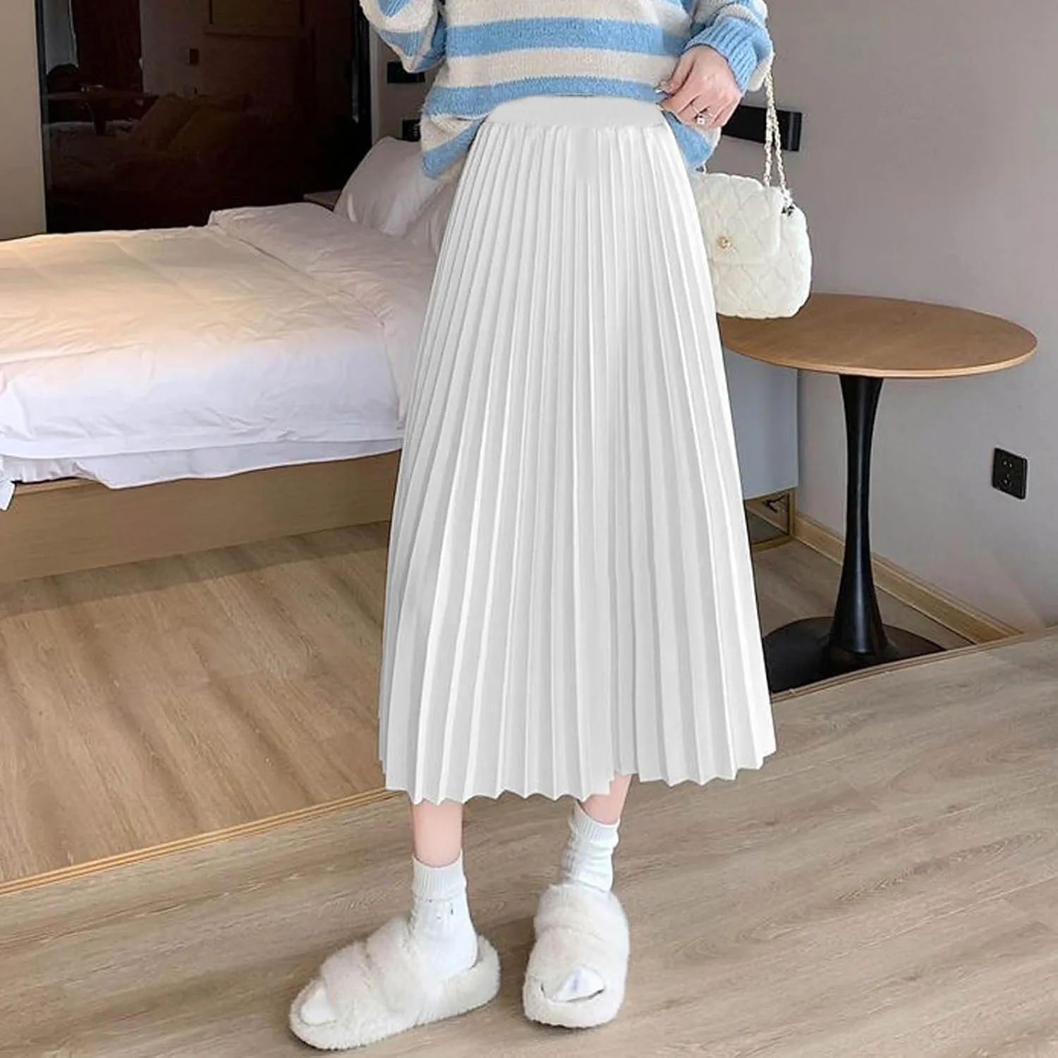 Women's High Waist Pleated Skirt Plus Size Boho A line Skirts Solid Elastic Waist Skirt Summer Casual Flowy Skirts