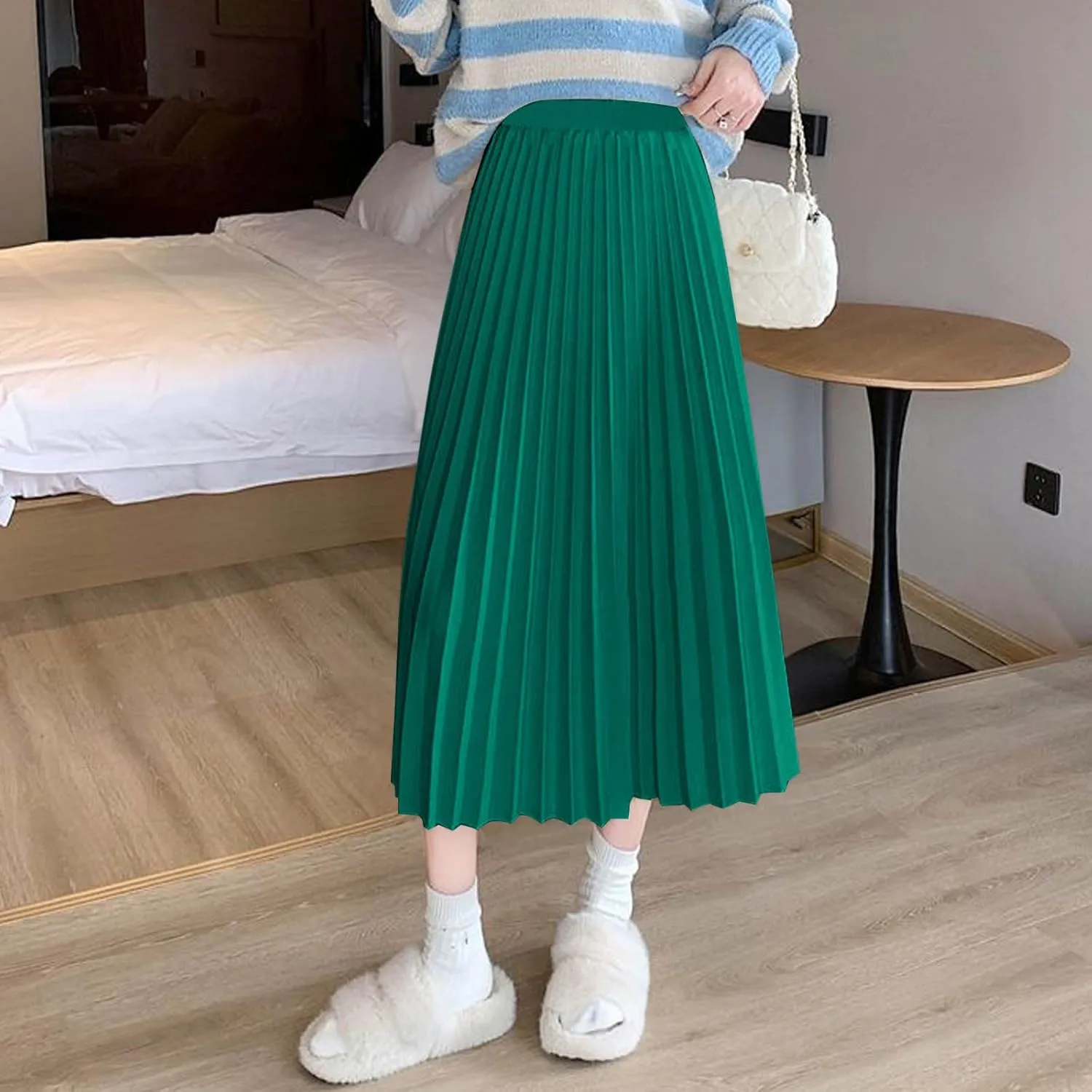 Women's High Waist Pleated Skirt Plus Size Boho A line Skirts Solid Elastic Waist Skirt Summer Casual Flowy Skirts