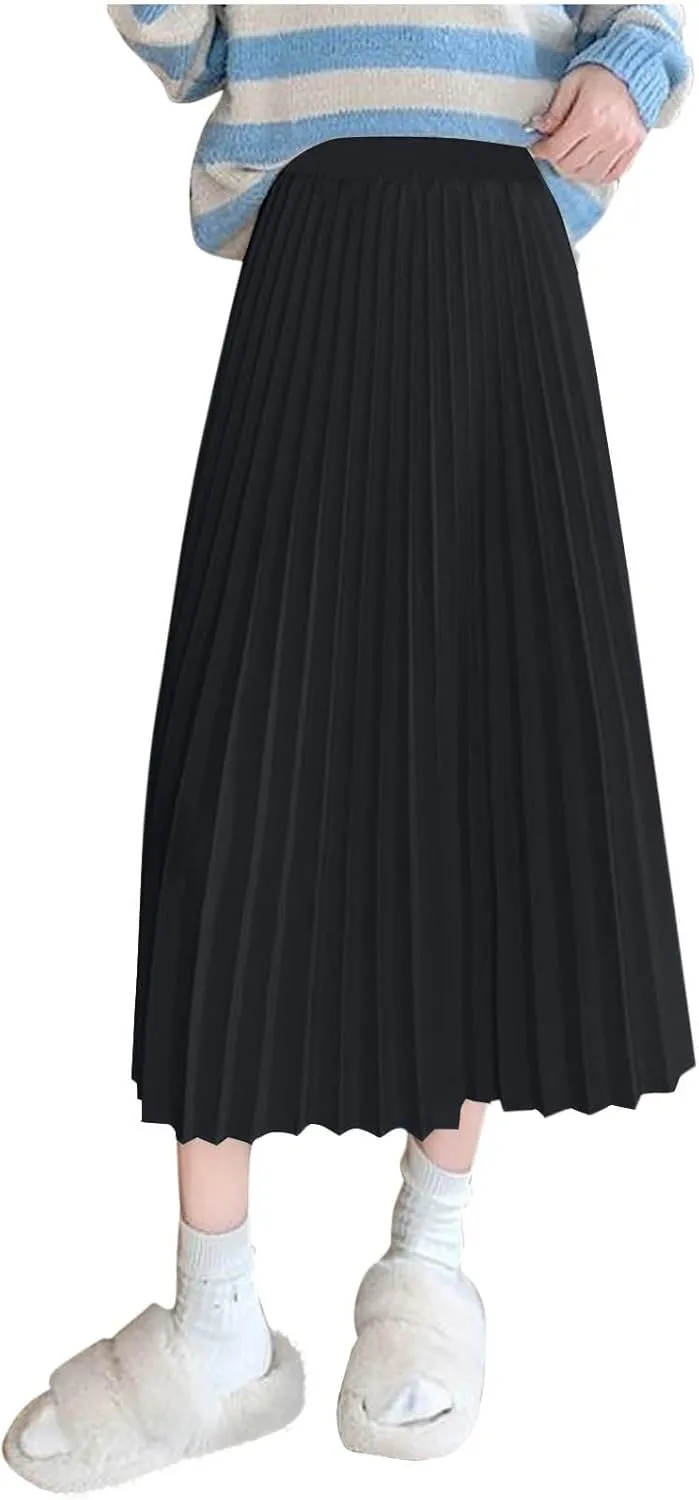 Women's High Waist Pleated Skirt Plus Size Boho A line Skirts Solid Elastic Waist Skirt Summer Casual Flowy Skirts