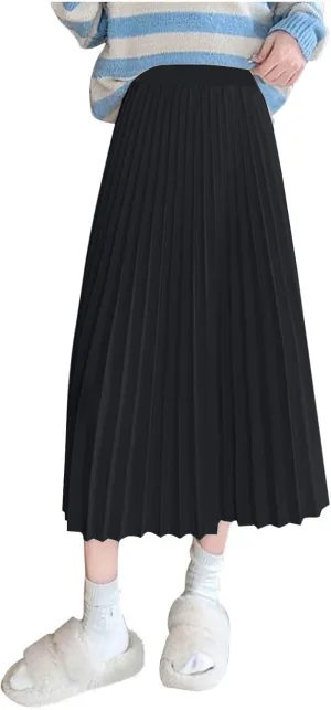 Women's High Waist Pleated Skirt Plus Size Boho A line Skirts Solid Elastic Waist Skirt Summer Casual Flowy Skirts