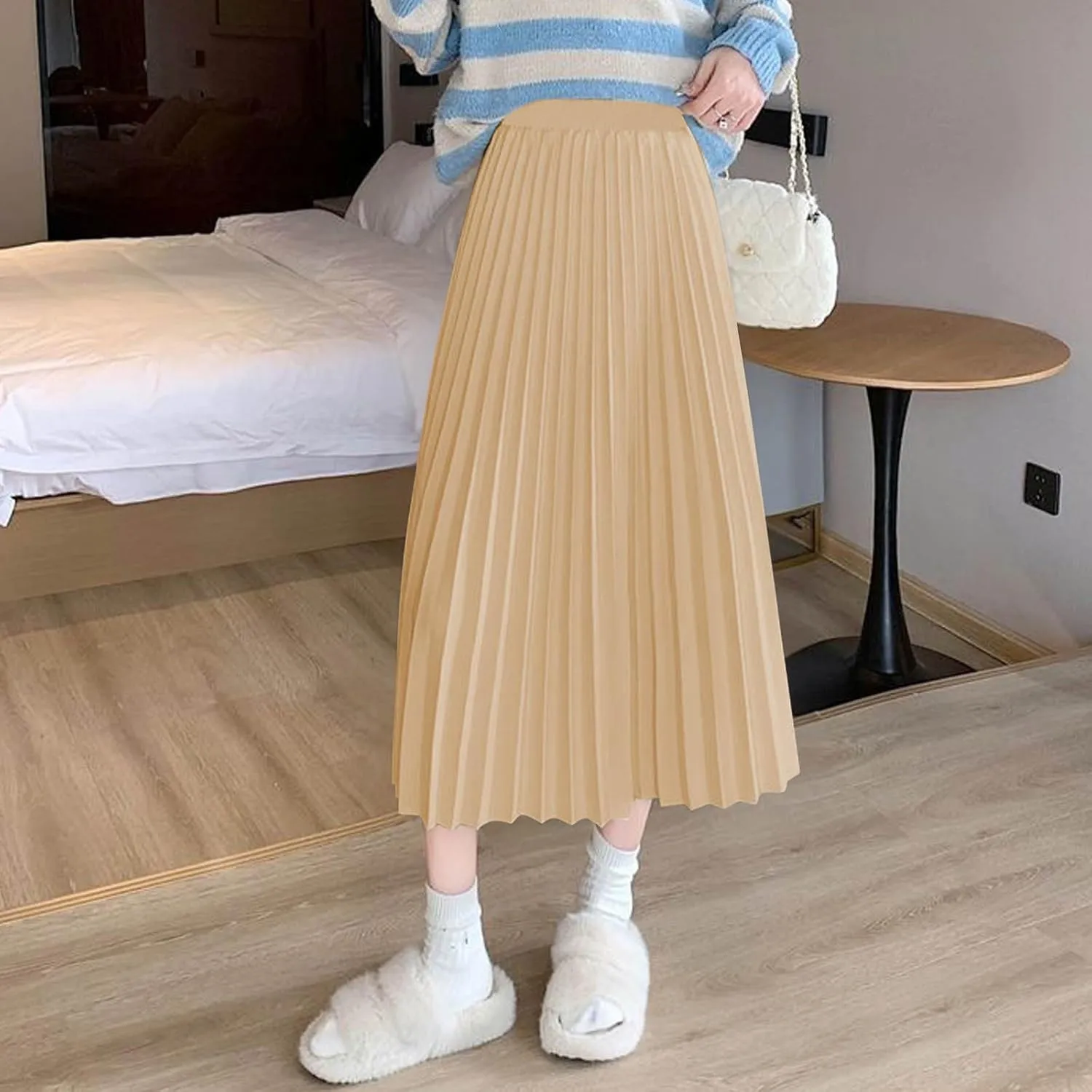 Women's High Waist Pleated Skirt Plus Size Boho A line Skirts Solid Elastic Waist Skirt Summer Casual Flowy Skirts