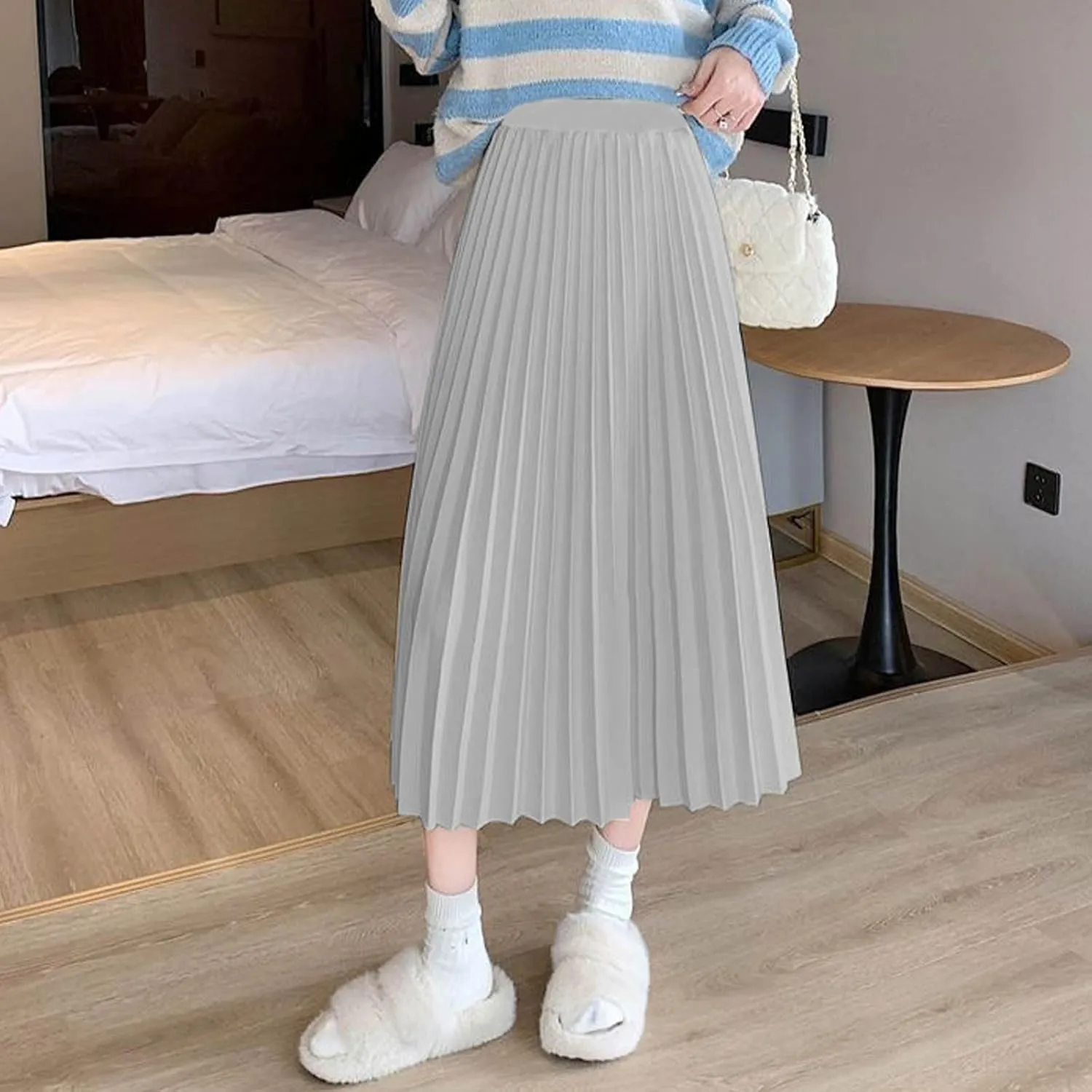 Women's High Waist Pleated Skirt Plus Size Boho A line Skirts Solid Elastic Waist Skirt Summer Casual Flowy Skirts