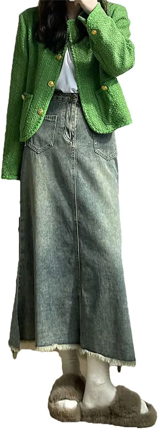 Women's High Waist Rough Selvedge Half Body Denim Skirt Vintage Casual Long Denim Skirts