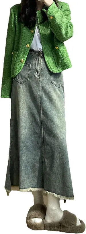 Women's High Waist Rough Selvedge Half Body Denim Skirt Vintage Casual Long Denim Skirts