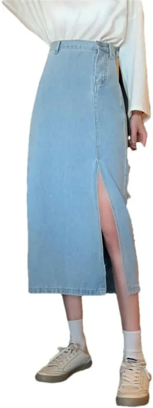 Women's High Waist Vintage Denim Jeans Skirts Solid Casual Split Long Skirt